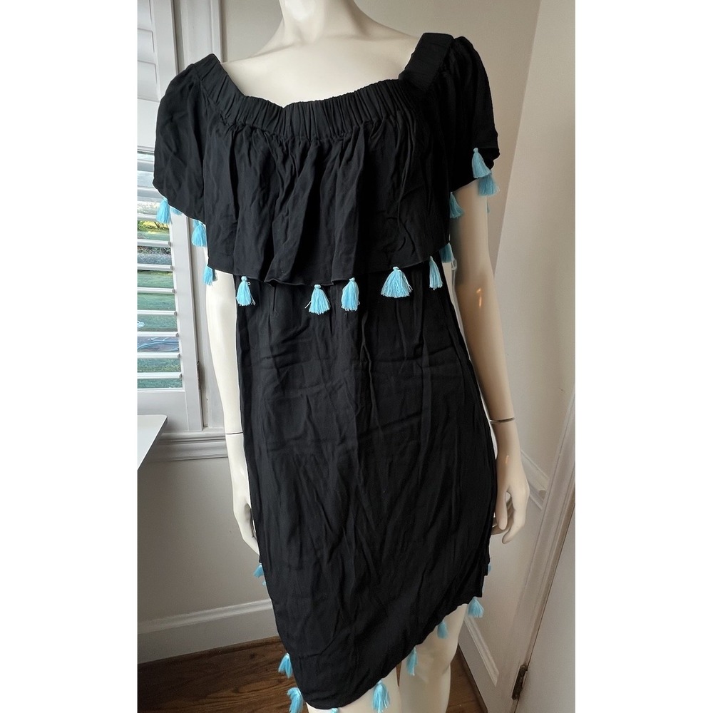Escapada Living Black Rayon Ruffle  Tunic Dress Blue Tassels Size XL